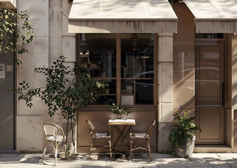 Beautiful quit outdoor cafe restaurant on empty quiet street on sunny summer day.Macro.AI Generative.