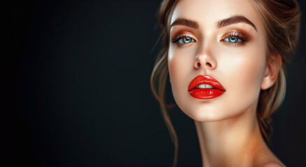 Fototapeta premium Beautiful glamour woman with makeup and red lips on black background.Space for text.AI Generative.