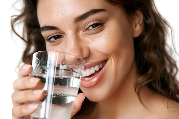 Close up beautiful smiling Asian woman holding glass of water isolated on white background