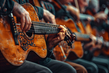 Fototapeta premium Musicians performing with guitars on stage at a live concert.