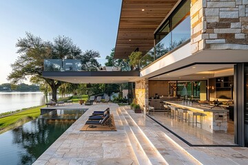 Chic Lakehouse with Patio and Outdoor Kitchen, Serenely Overlooking Lake Milk Coffee in Texas, Captured in Architectural Photography with Natural Daylight and Wide Angle.
