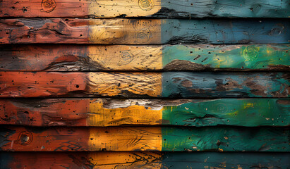 A vibrant wooden background featuring an array of colorful paint splashes in various hues and shades.