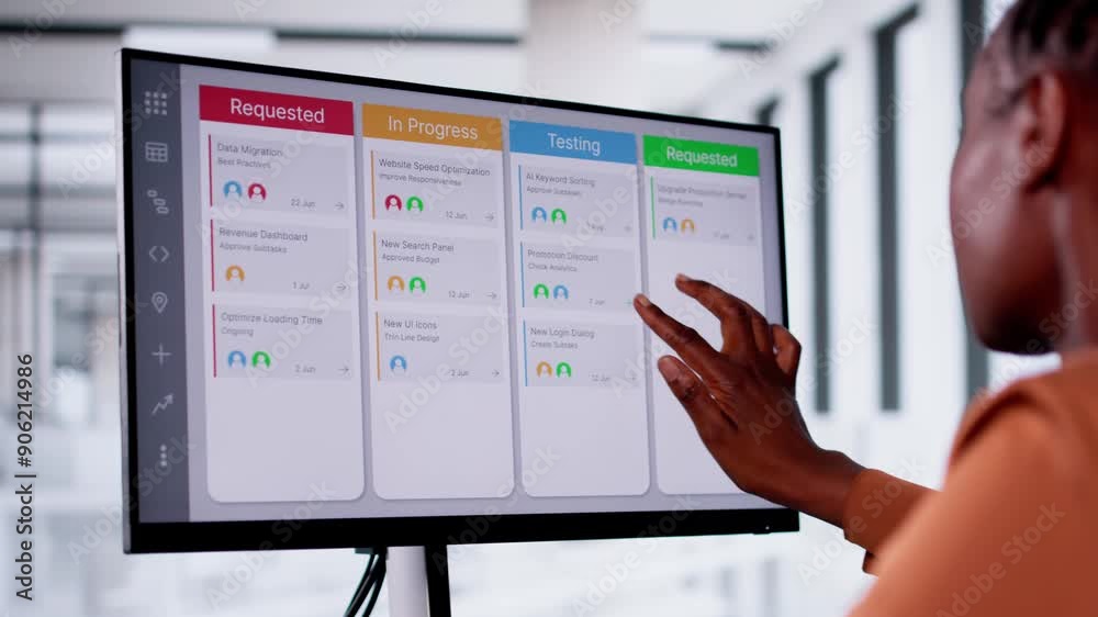 Poster kanban project management software on laptop. digital calendar schedule