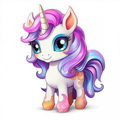 Cute magical unicorn cartoon illustration on white background