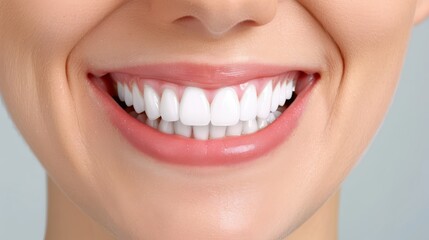 A close-up of a person's mouth displaying bright white teeth in a broad smile, showcasing dental health and hygiene.