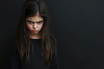 Angry young girl, upset bad mood face expression model shoot studio background clean empty space for text, generated ai


