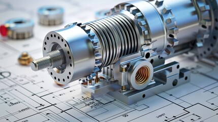 A close-up of a high-precision mechanical component on technical drawings, highlighting engineering, design, and advanced manufacturing.