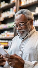 Fototapeta premium A smiling senior man looks at his mobile phone while browsing a pharmacy