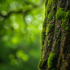 Obraz premium Beautiful tree trunk with moss and water drops close up