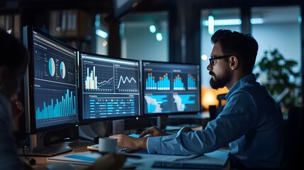 Team of Professionals Analyzing Financial Data on Multiple Computer Screens in Modern Office