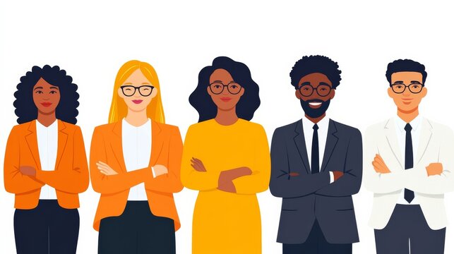 A vibrant cartoon showing a group of professional individuals standing together, representing teamwork, collaboration, and diverse expertise in a corporate setting. - Powered by Adobe