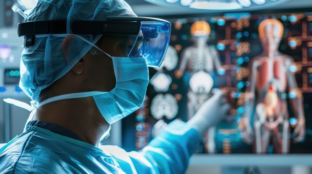 Advanced Surgical Technology: Surgeon Utilizing Augmented Reality Glasses in High-Tech Operating Room with Digital Anatomy Overlays