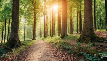 Fototapeta premium Forest trees. nature green wood sunlight backgrounds
