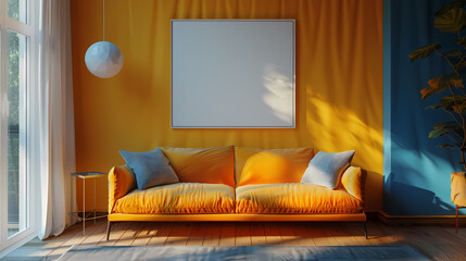 A cozy living room with a bright yellow wall, a large, empty picture frame, and a plush, yellow sofa. Natural light streams in from the window, casting a warm glow on the room.