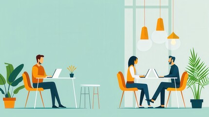Co-working space, professionals working in open office, flat design illustration