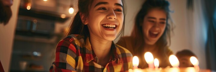 Students celebrating a groupmate s birthday at a home party Surprised young woman in her twenties expresses gratitude for chocolate cake with candles