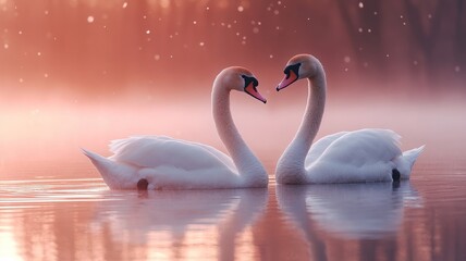 Two Swans Swimming in a Misty Lake at Sunset