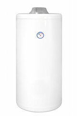 Big modern tanked combination boiler. Large regular household budget water heater. Common electric storage tank water heater. Conventional Energy-efficient home heating system on white background