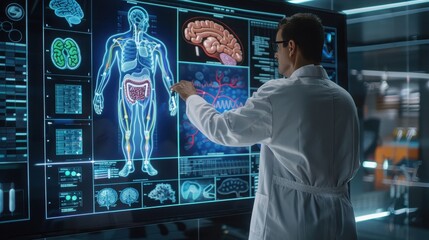 Advanced Medical Consultation in Futuristic Office - Doctor Explaining Health Data on Holographic Screen with Interactive 3D Models of Organs