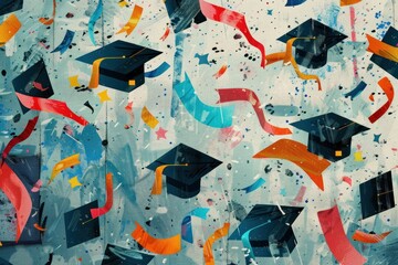 Fototapeta premium Versatile graduation texture featuring caps, diplomas, and academic symbols in a creative and innovative design.