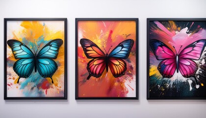 Vibrant Butterfly Abstracts: Trio of Wall Art Panels with Colorful Splashes"