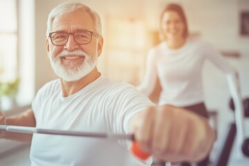Senior man doing physical therapy exercises with assistance
