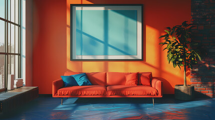 A red couch sits in a minimalist living room with an orange wall, a large framed picture, a houseplant, and a window with natural light. The room's unique blue floor creates a striking contrast.
