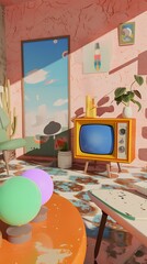 Colorful retro living room with a vintage TV and abstract art on the wall.