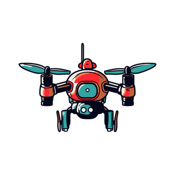 recommend clip art: A cartoon illustration of a drone with a red and blue color scheme, featuring four propellers and a camera.
