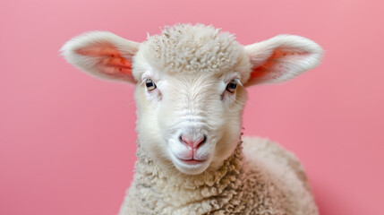 A cute sheep with fluffy fur is set against a soft pastel pink background. The close-up highlights the sheep’s adorable features and the texture of its wool.