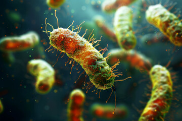 Fototapeta premium Close-up view of colorful bacteria in a microscopic environment, showcasing their unique shapes and intricate structures.