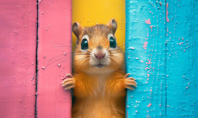 A cute squirrel with big eyes peeking over a colorful window with a blue, pink, and yellow background. The squirrel's face and paws are clearly visible, giving a playful and curious impression.
