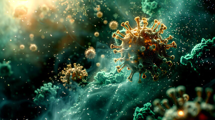 Fototapeta premium Close-up view of virus particles in a vibrant microscopic environment, showcasing intricate details and colors of cellular structures.