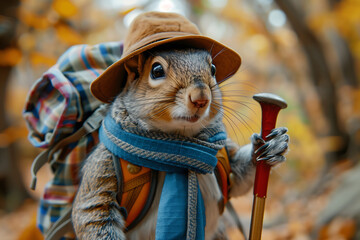 Obraz premium A squirrel dressed as a hiker, complete with hiking clothes and a hiking pole. The creative and playful scene captures the squirrel in an anthropomorphic pose, ready for an adventure in nature.