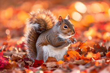 A squirrel nibbling on a nut amidst a carpet of autumn leaves, with soft sunlight highlighting its fur, capturing a moment of simplicity and survival.