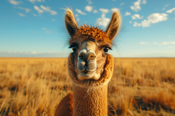 Obraz premium A close-up of a curious alpaca peering into the camera, with its head prominently displayed against the backdrop of the vast African savannah.