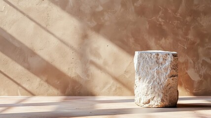 Stone podium bathed in spotlight with long shadows on matte brown background.