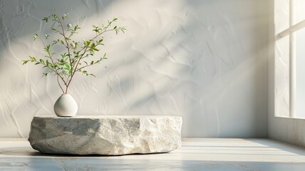 Photorealistic stone podium reflecting soft light through a window.