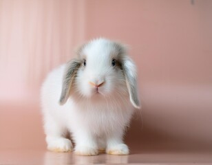 Front view of white cute baby holland lop rabbit standing on pink background. Lovely action