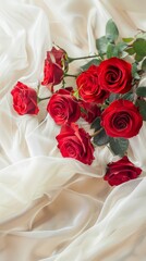 Red Roses on White Delicate Fabric
