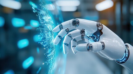 A futuristic robotic hand interacts with a digital interface, showcasing advanced technology and innovation in automation.