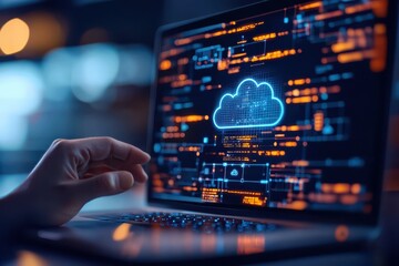 A hand interacts with a laptop displaying cloud technology and digital data visualizations in a modern workspace.