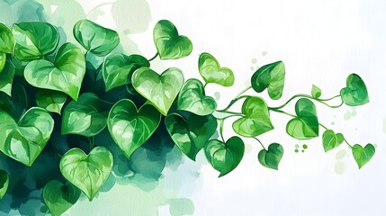 Lush Pothos Trailing Vines Decorating Bookshelf in Watercolor Style