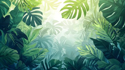 Fototapeta premium Lush Tropical Rainforest Landscape with Misty Atmosphere in Watercolor Style