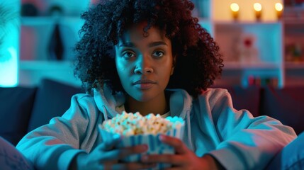 Naklejka premium A young woman relaxes at home, holding popcorn while watching a movie in a cozy atmosphere