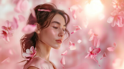 Fototapeta premium Beautiful model with dewy glowing skin on clean and soft Background, minimalist, surrounded by Floating Glucosamine extracts