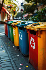Naklejka premium A row of trash cans with the word recycle on them. The trash cans are of different colors and are lined up on a sidewalk