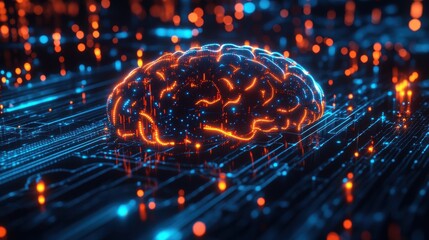 Close-up of a digital AI brain with neon light pathways, illustrating the interconnected neural networks and advanced computing capabilities in a futuristic, tech-driven environment 