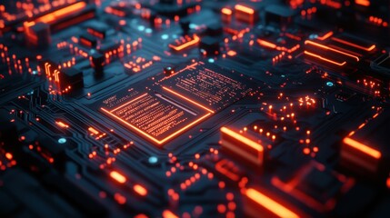 Close-up of a futuristic AI interface with a glowing neon circuit board background, highlighting the intricate details of artificial intelligence technology in a high-tech setting 