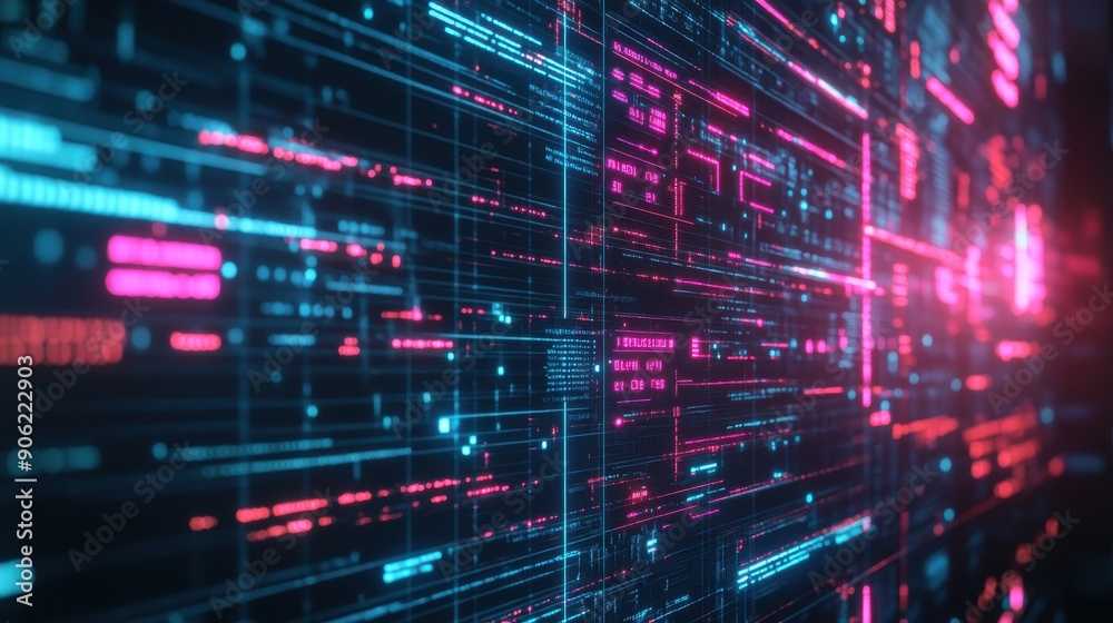 Wall mural close-up of an ai hologram with neon light accents, displaying data streams and digital code in a da
